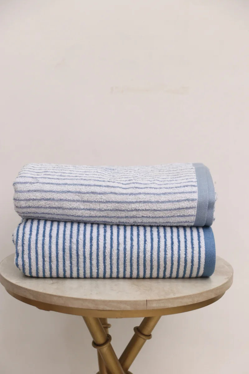 Cotton Stripe Bath Towel Set – Pack of 2 (Light Grey & Blue Dark)