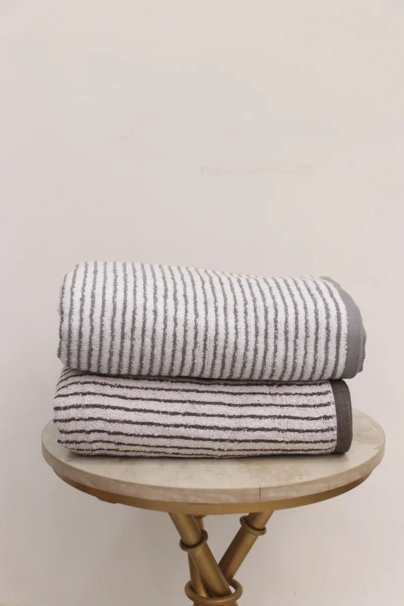 Luxury Cotton Stripe Towel Set – Pack of 2 (Grey & Brown)
