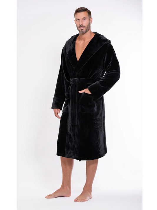 BLACK Unisex Soft Plush Fleece Hooded Bathrobe