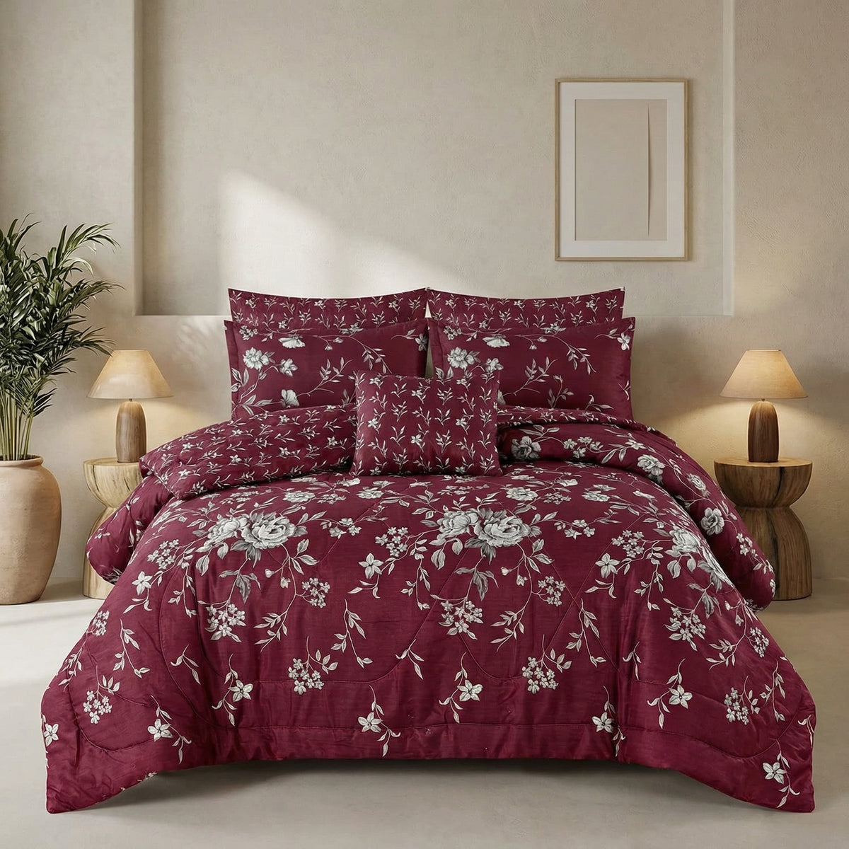Minimal Red Cotton Comforter Set - 7 PCS