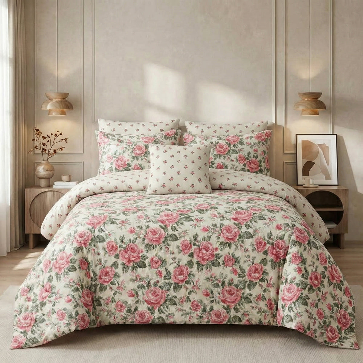 Rose Silk Cotton Comforter Set - 7 PCS