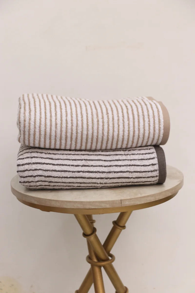 Premium Cotton Stripe Bath Towel Set – Pack of 2 (Beige & Brown)