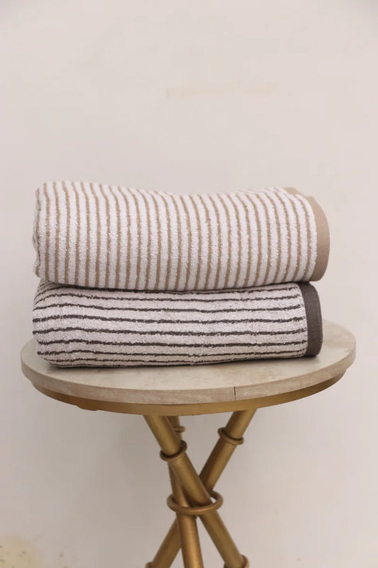 Premium Cotton Stripe Bath Towel Set – Pack of 2 (Beige & Brown)