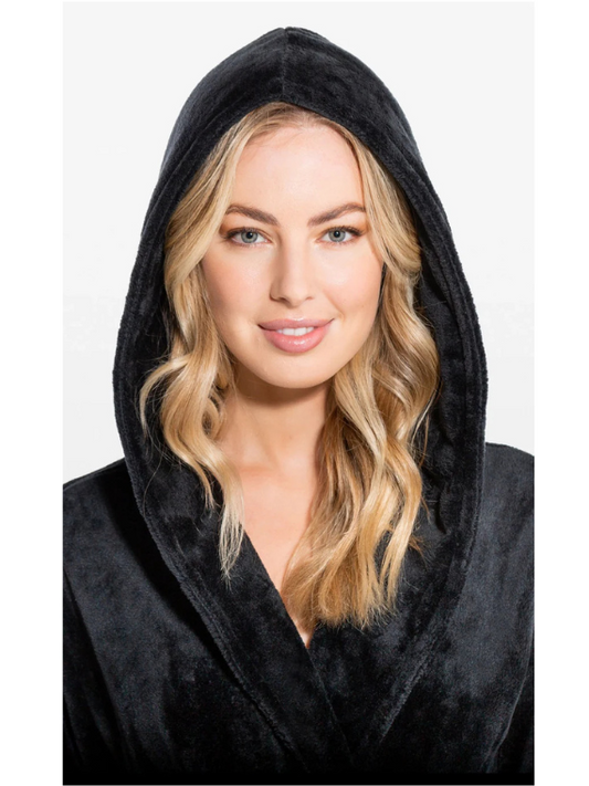 BLACK Unisex Soft Plush Fleece Hooded Bathrobe